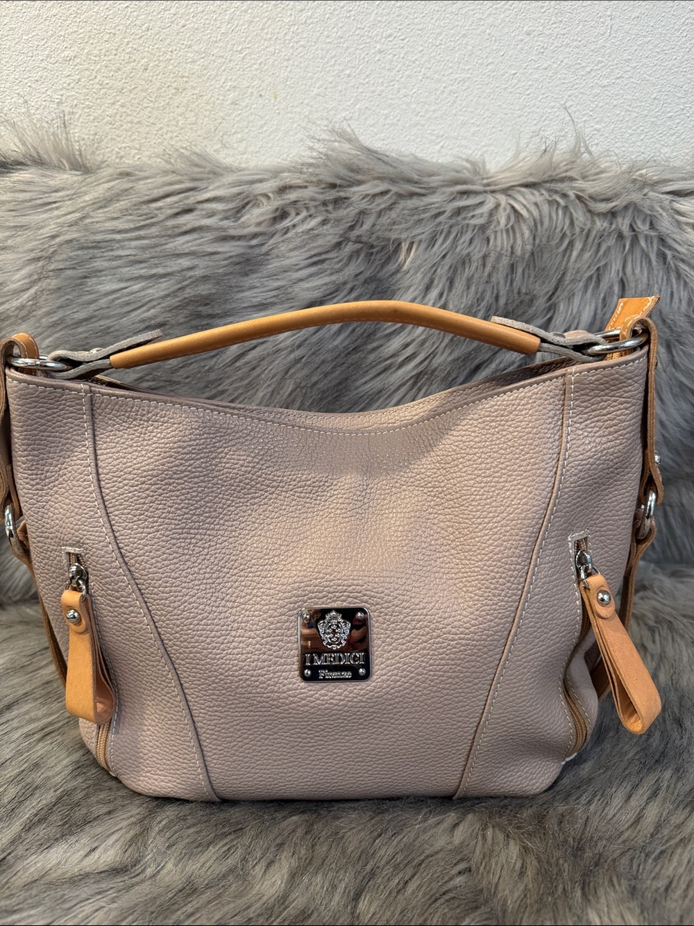 I Medici Neutral Pebbled Leather Shoulder Bag in Taupe with Tan Accents